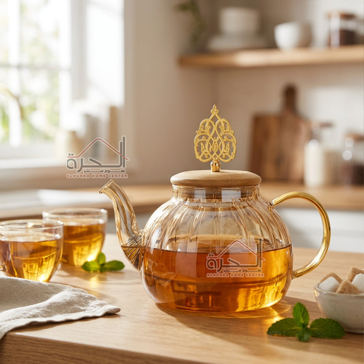 بريق شاي حراري زجاج مع قاعدة خشب