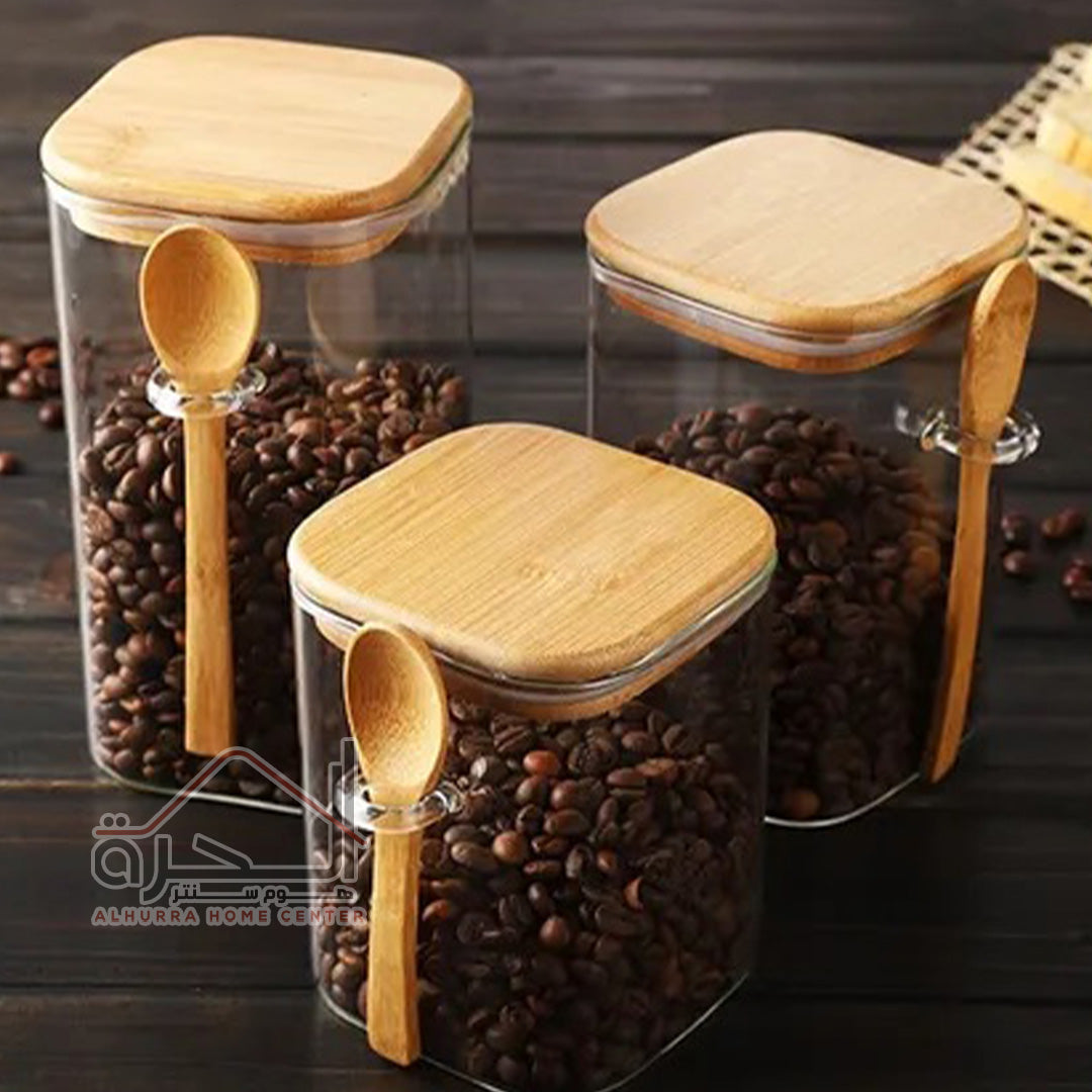 متربان زجاج مع غطاء و معلقة بامبو