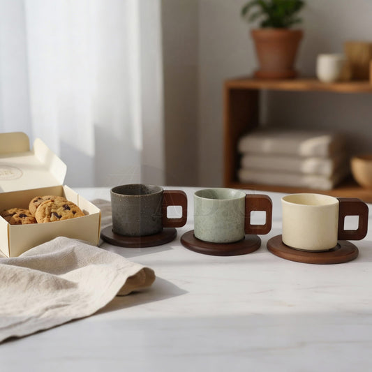 طقم فناجين قهوة صحن خشب 12 فنجان