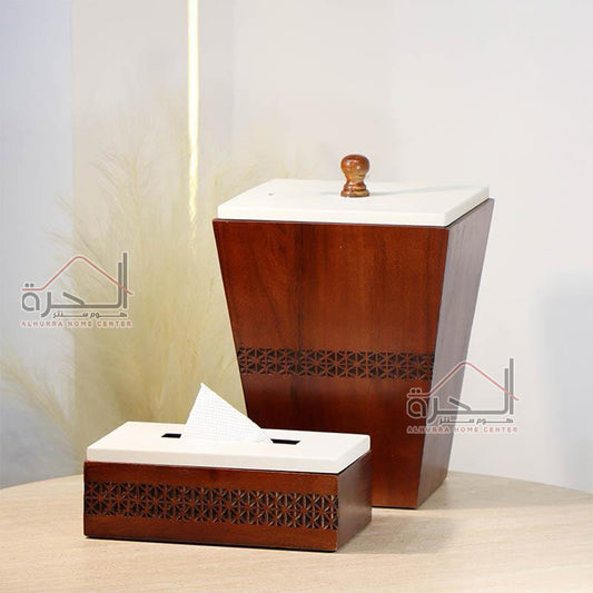 سلج مهملات مع علبة محارم خشب و حديد ابيض