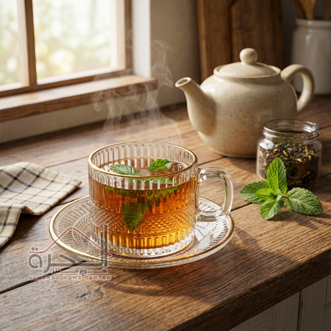 فناجين شاي شفاف اطار ذهبي