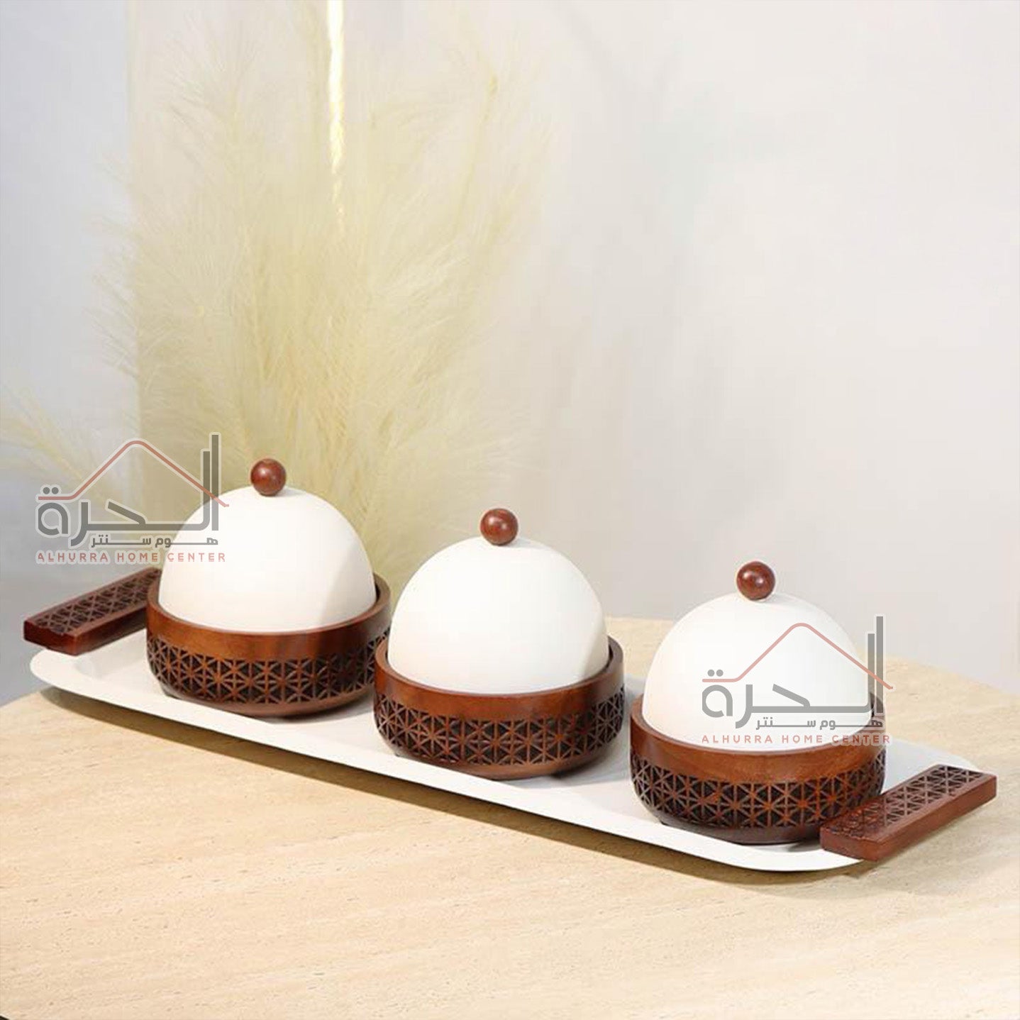 صنية حديد ابيض مع 3 مضايف خشب