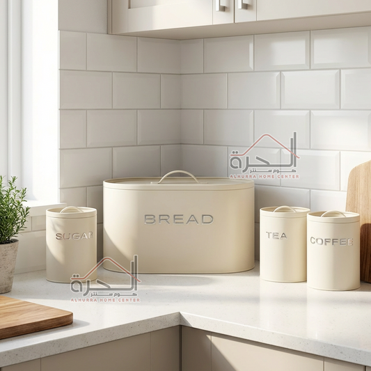 علبة خبز مع 3 متربنات حديد بيج