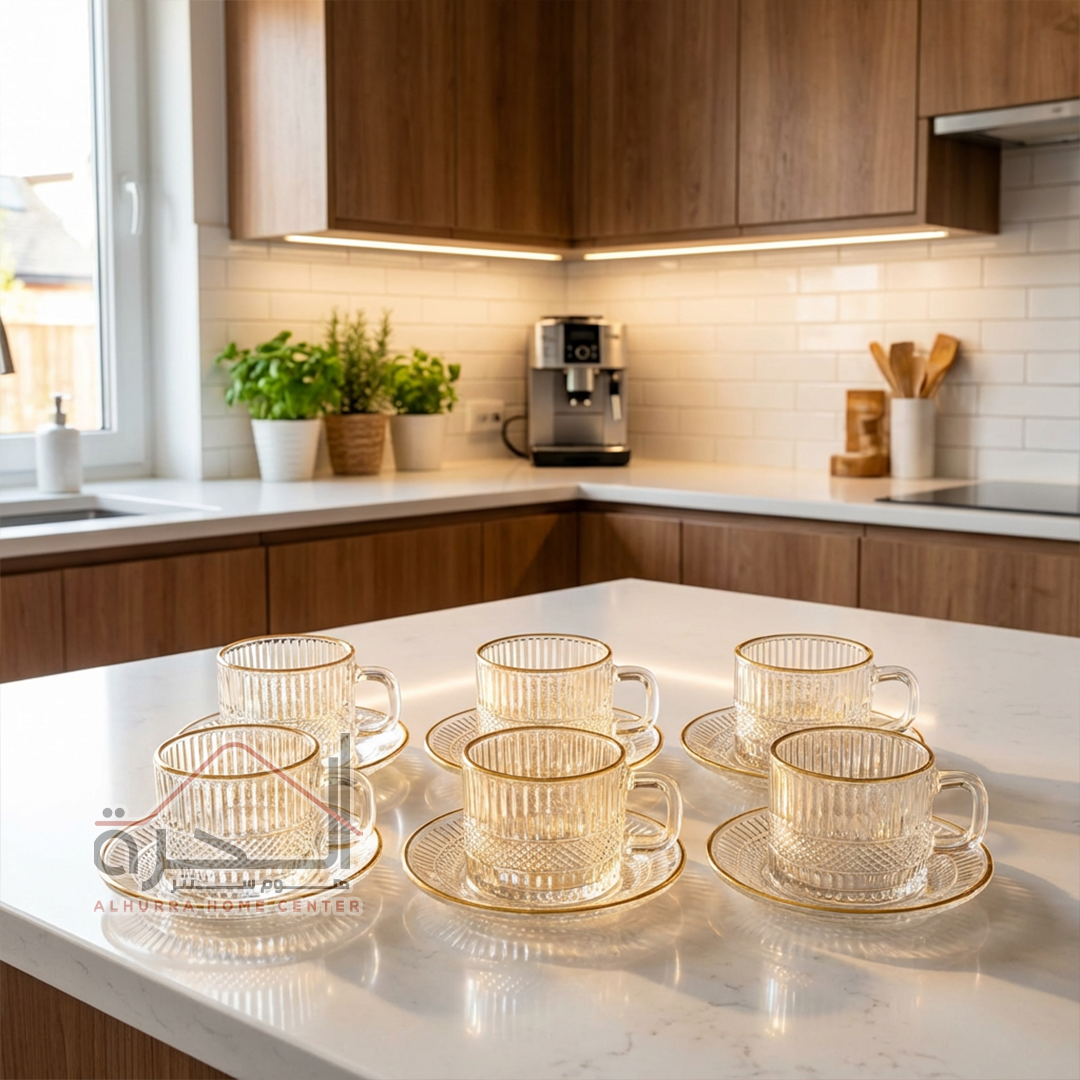 فناجين شاي شفاف اطار ذهبي