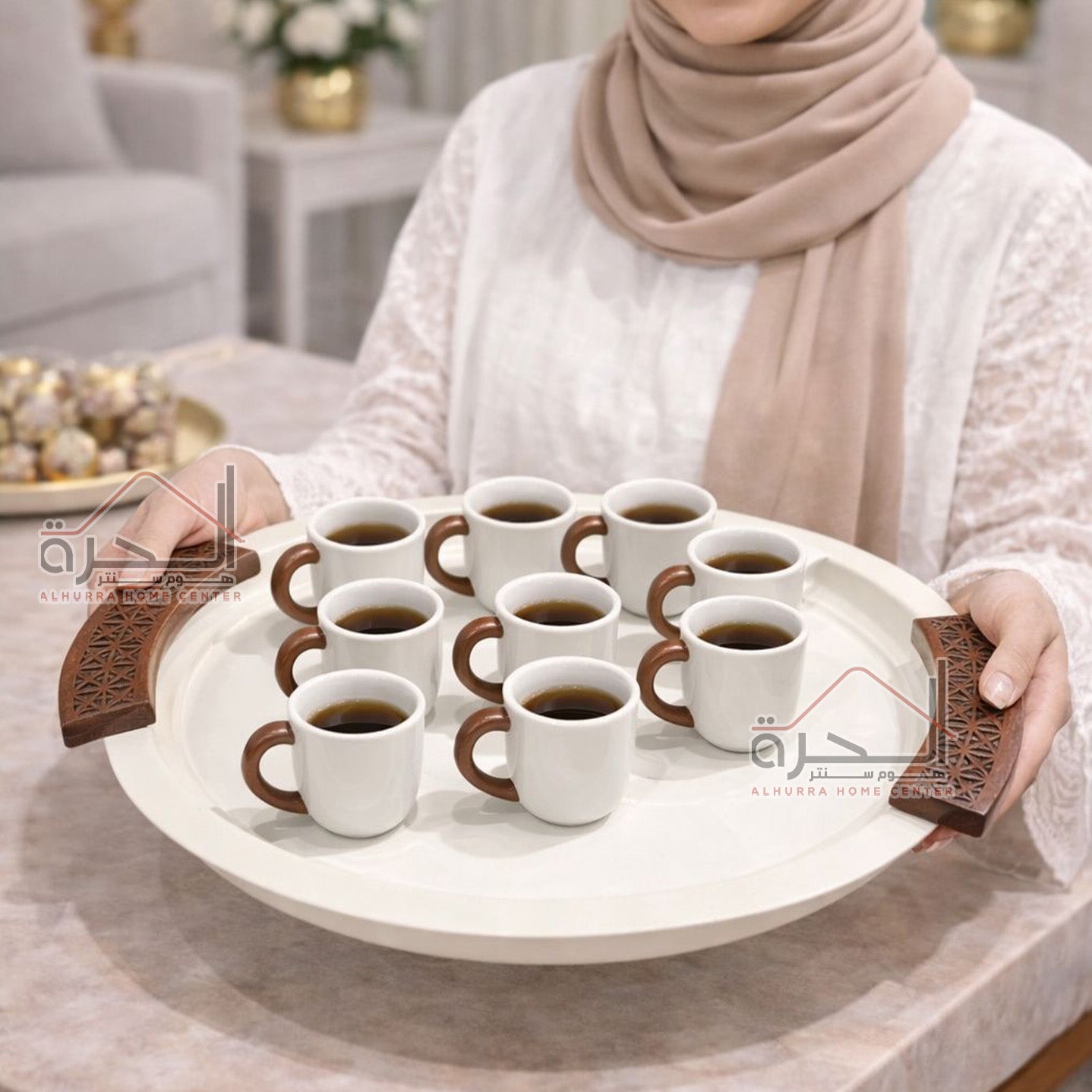 صنية حديد ابيض مع ايدين خشب 43 سم