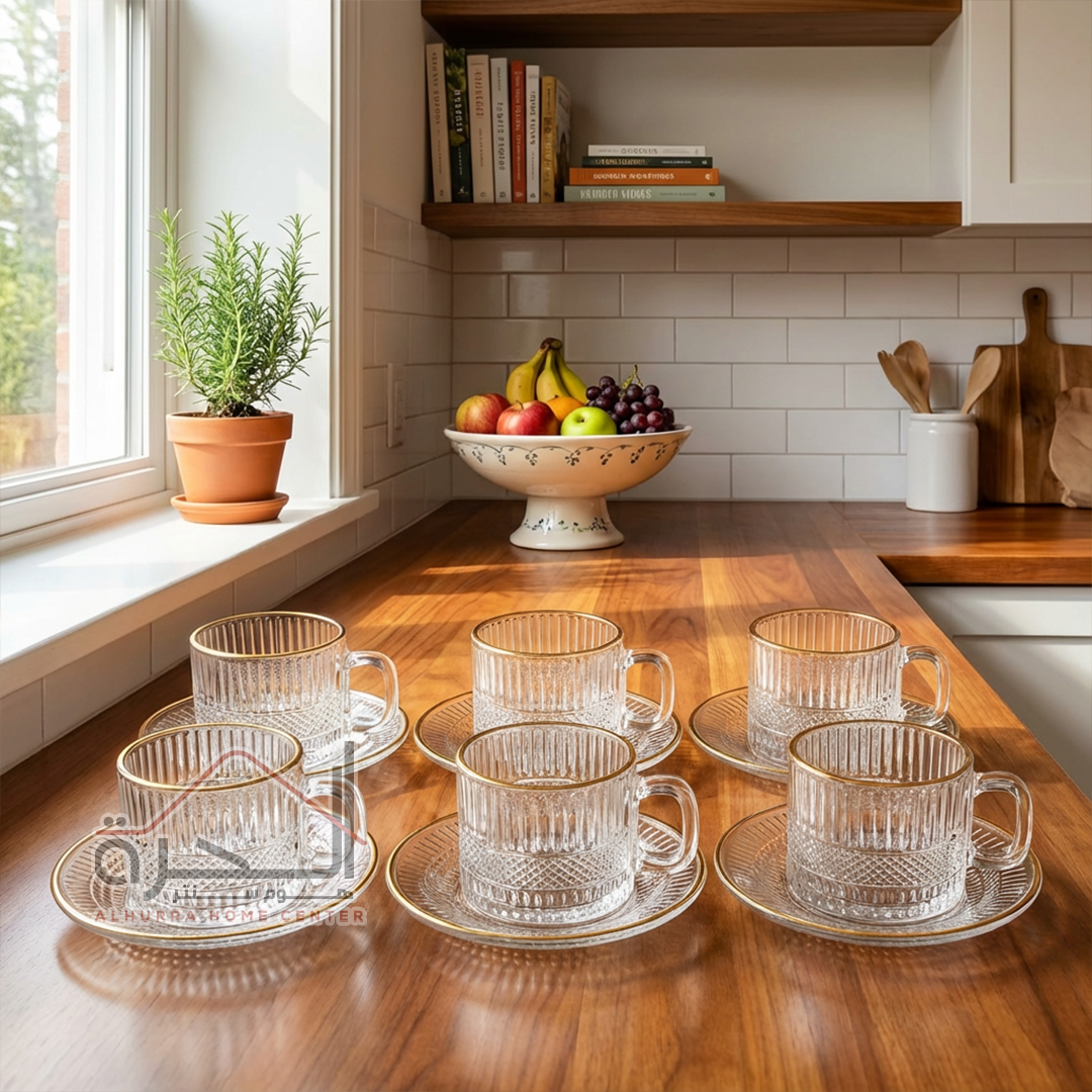 فناجين شاي شفاف اطار ذهبي