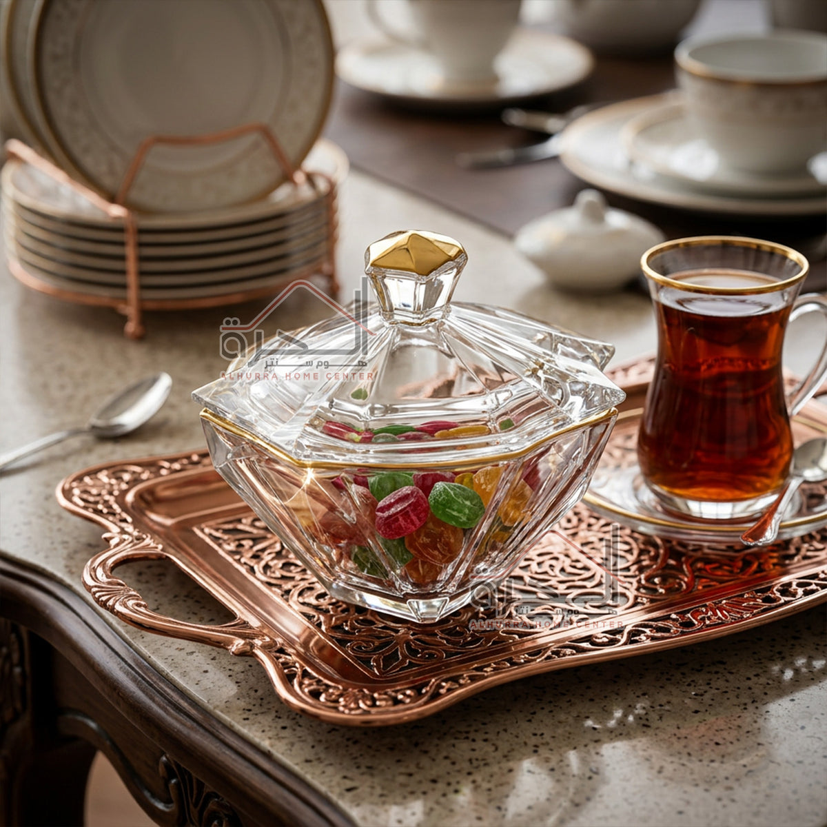سكرية زجاج مع مع اطار ذهبي 13*13*6 سم