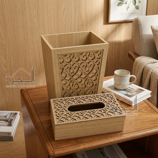 طقم سلة و علبة محارم خشب CNC بيج