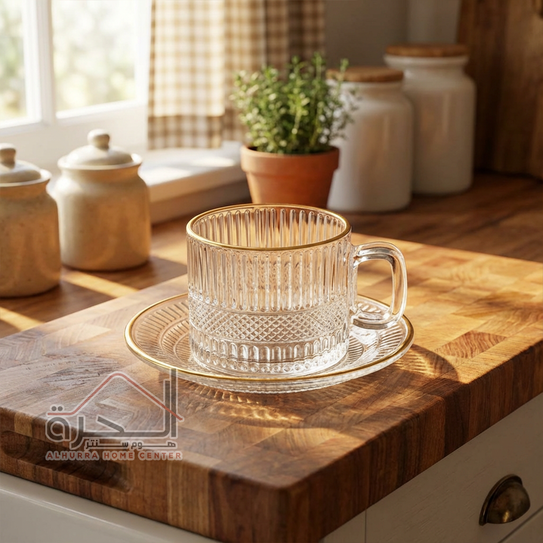 فناجين شاي شفاف اطار ذهبي