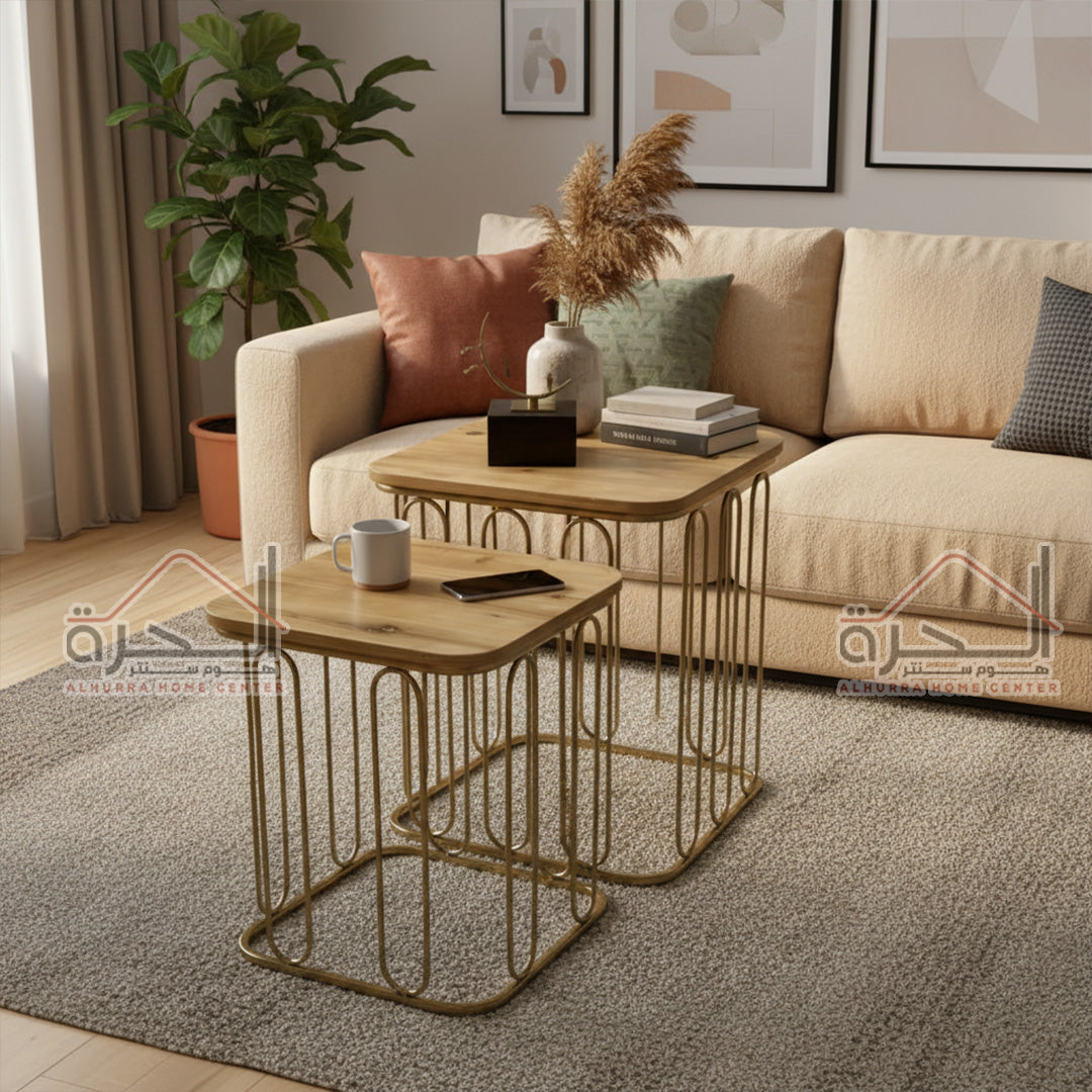 طقم سكملات ذهبي معدن مع وجه خشب قطعتين