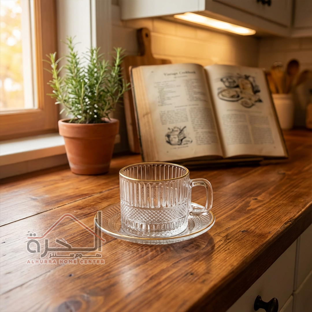 فناجين شاي شفاف اطار ذهبي