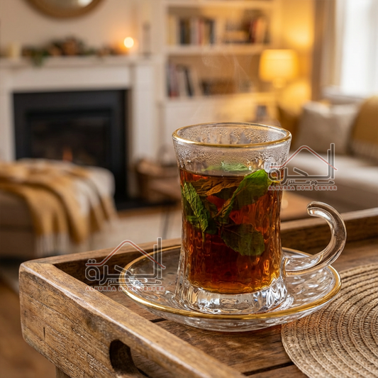 استكانة شاي مع صحن حز ذهبي عدد 6