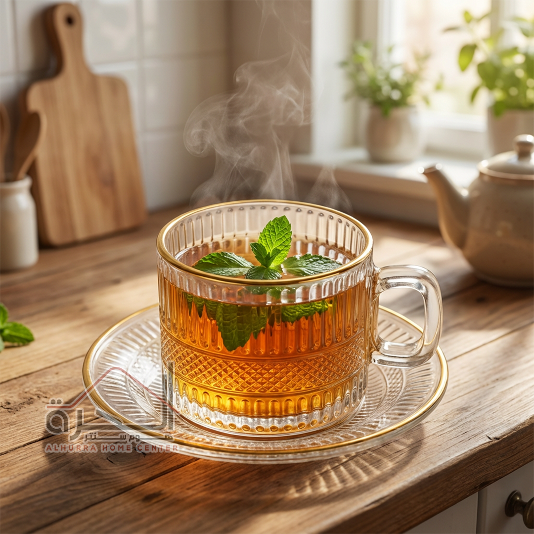 فناجين شاي شفاف اطار ذهبي