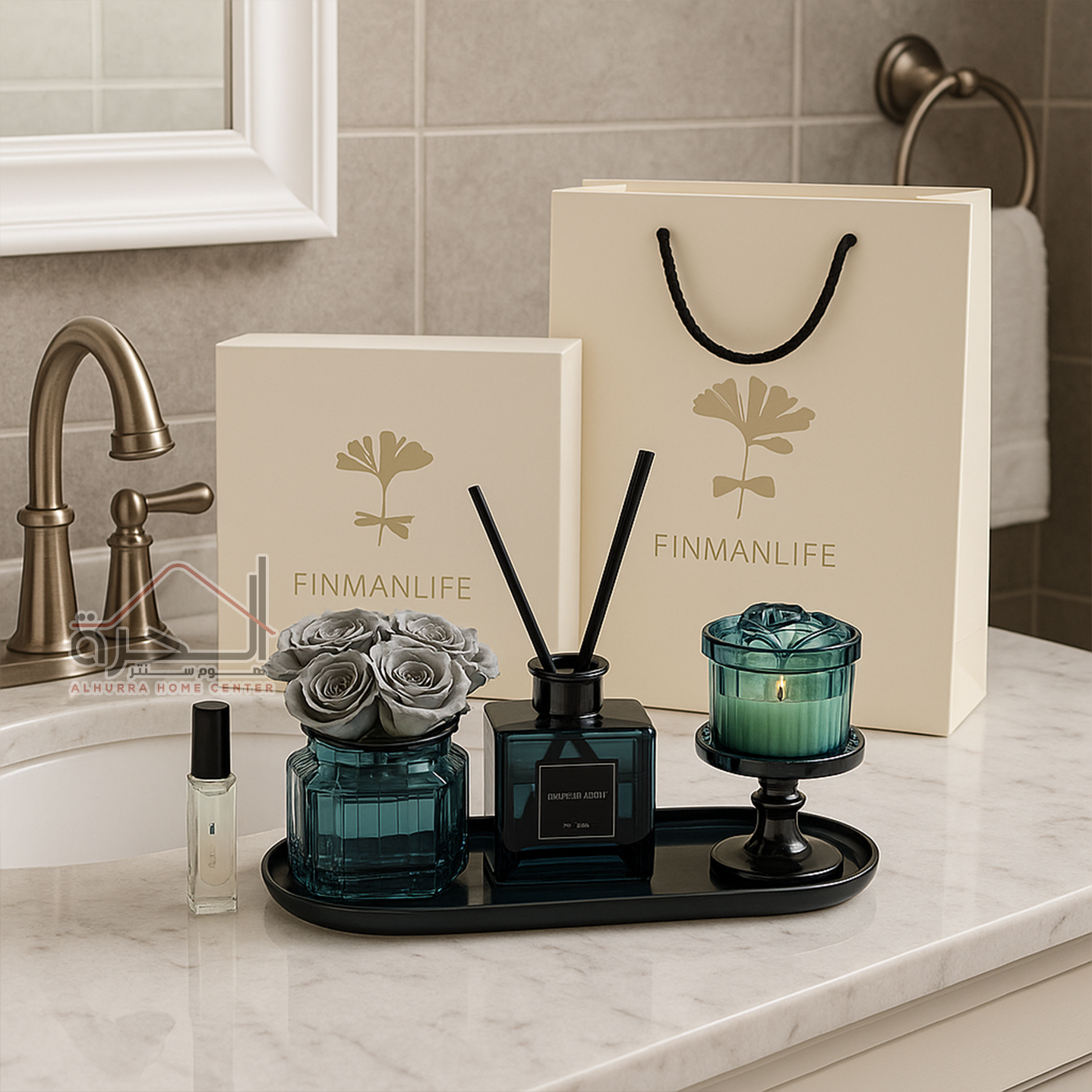 طقم 4 قطع شمع مع عطر و ورد مع صحن فاخر