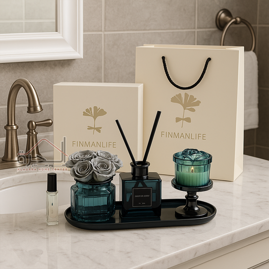 طقم 4 قطع شمع مع عطر و ورد مع صحن فاخر