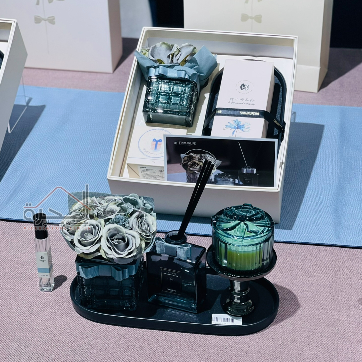 طقم 4 قطع شمع مع عطر و ورد مع صحن فاخر