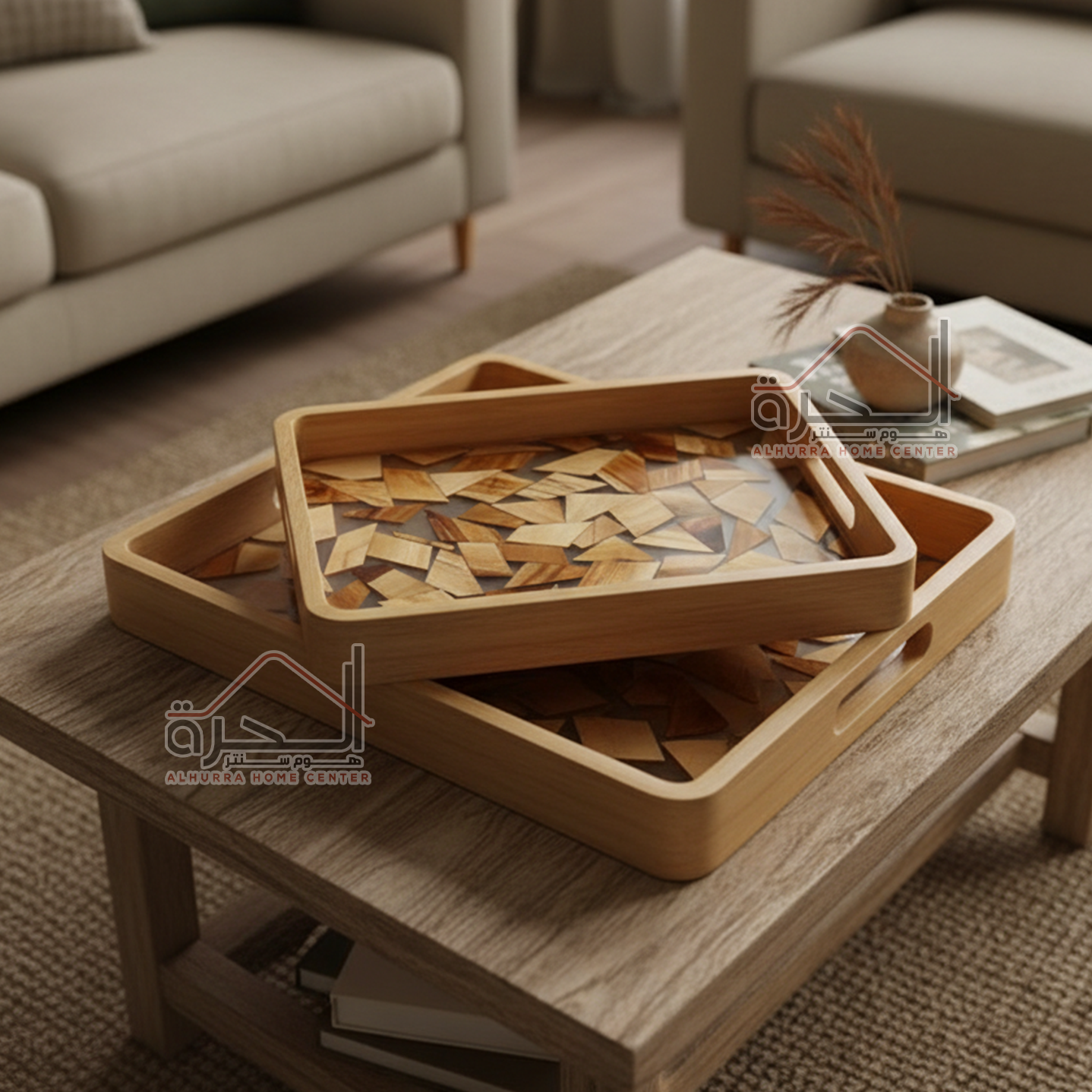 طقم صواني خشب قطعتين 35+40 سم