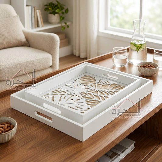 طقم صواني ضيافة قطعتين خشب CNC