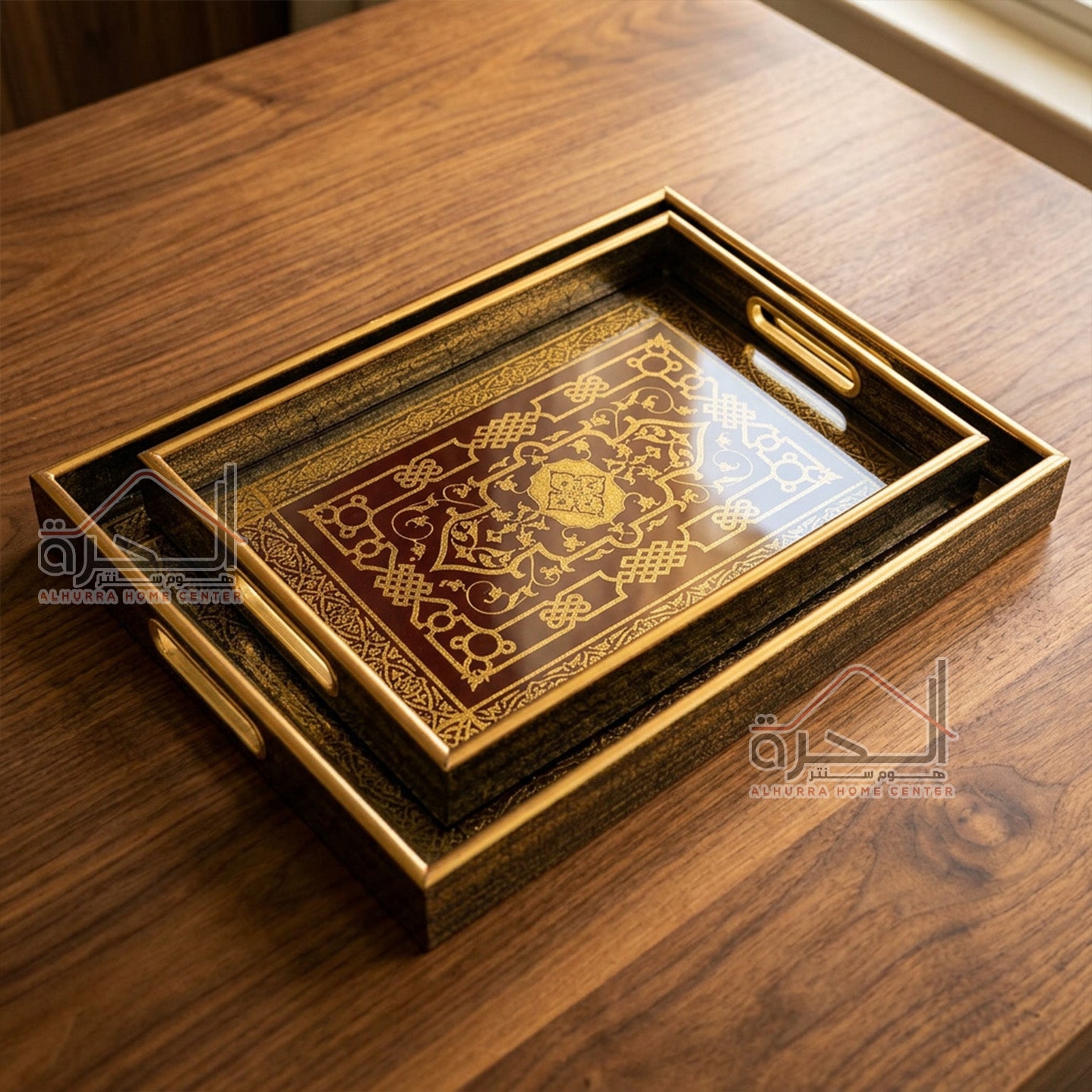 طقم صواني قطعتين زجاج مع خشب (03)