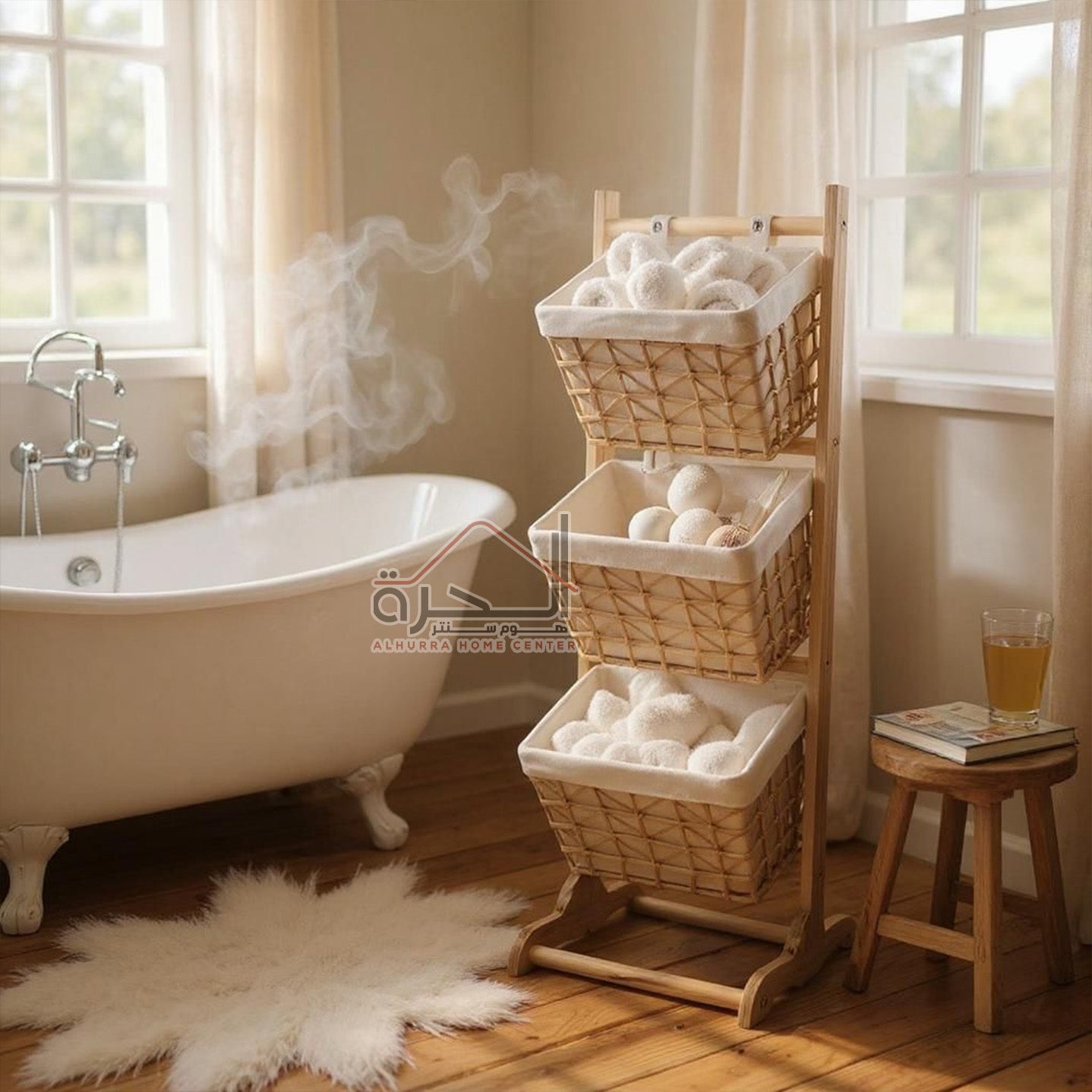 سلة قش و خشب 3 طبقات ع ستاند