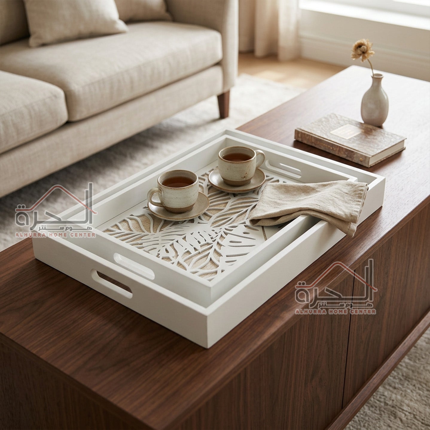 طقم صواني ضيافة قطعتين خشب CNC