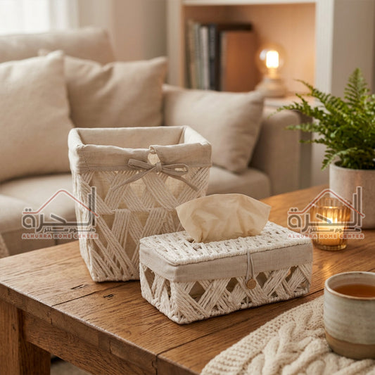 طقم سلة و علبة محارم قش مربع ابيض